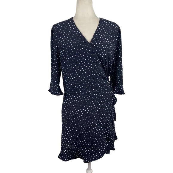 LOFT Polka Dot Wrap Ruffled V-Neck Romper in Navy & White Size 6 Skort Dress - Picture 2 of 16